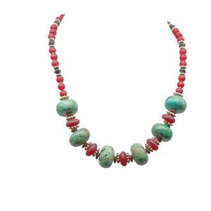 Vintage Turquoise & Glass Beads Beaded Necklace with Red and Green Beads